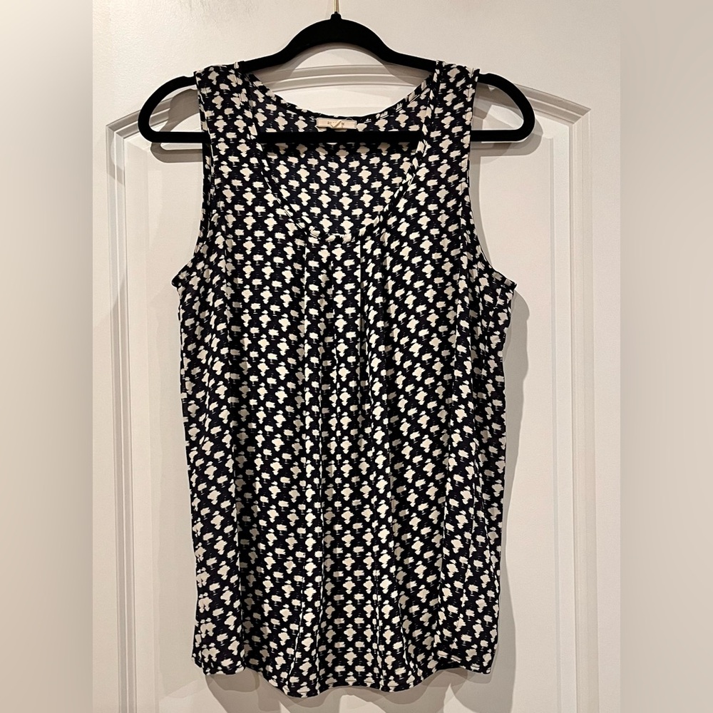 Pleione Anthropologie Sleeveless‎ Blouse Navy Blue/Ivory Geometric Size Small
